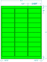311005 - Fluorescent Green Permanent Label, inkjet/laser/copier, 2 5/8 x 1, 3 across, 30 on a sheet,  100 sheets, qty 3,000