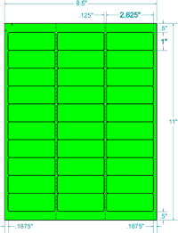 Fluorescent Green Permanent Label, inkjet/laser/copier, 2 5/8 x 1, 3 across, 30 on a sheet, 100 sheets, qty 3,000